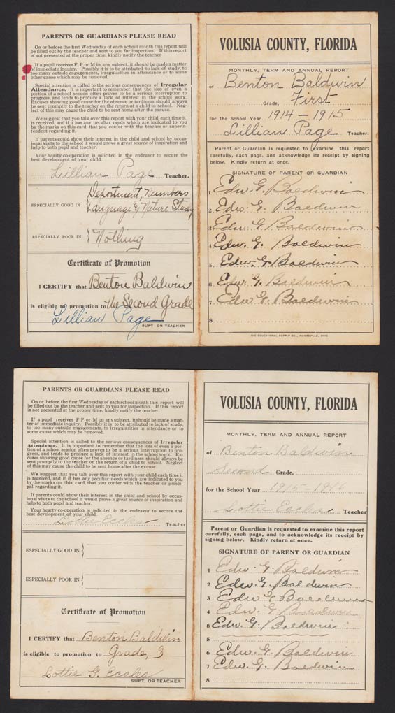 B.R. Baldwin, Report Cards, 1914-16 (Source: Baldwin Family)